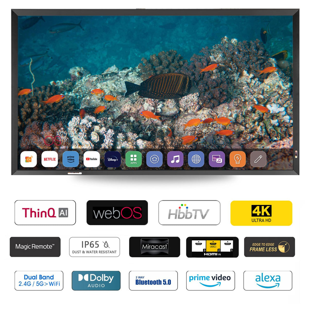 Soulaca 55 inches Smart Waterproof Mirror TV 4K UHD webOS Built-in ATSC DTV Tuner Voice Control, Large Bathroom & Indoor Hotel Resort Television Wall-Mount Big Screen Pool
