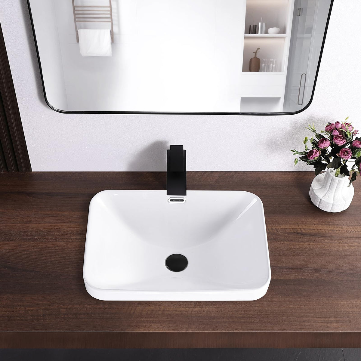 Small Bathroom Vessel Sink 16.7'' x 12.6'' Semi Recessed Bathroom Sink Rectangular Drop-in Vanity Sink with Overflow White Ceramic Modern Art Basin