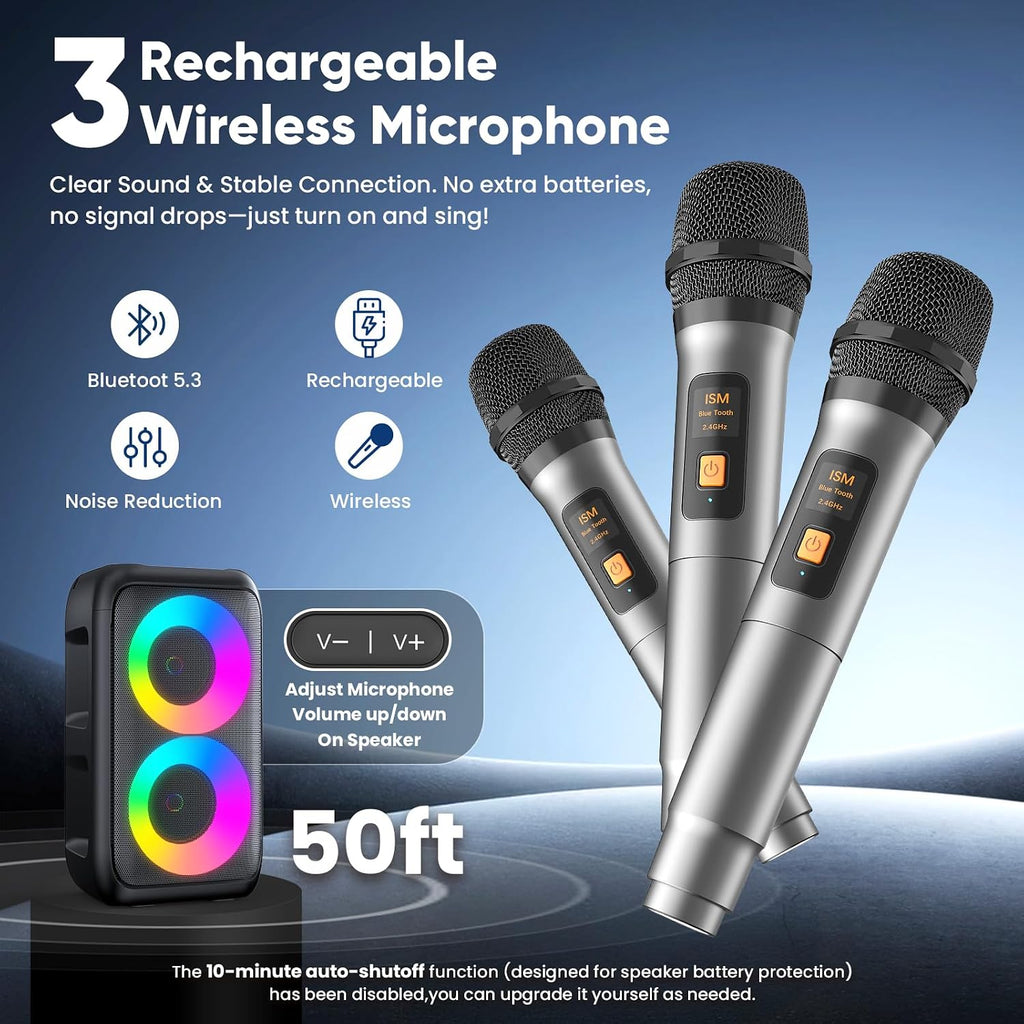Karaoke Machine for Adults Kids, Portable Bluetooth Speaker with 3 Wireless Microphones, TWS Mode & LED Light, 10H Battery PA System, Home Party Outdoor Camping Birthday Gifts (3 Mics)