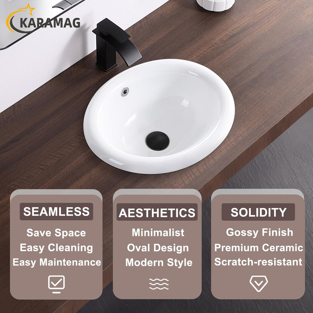 Small Bathroom Vessel Sink 16.7'' x 12.6'' Semi Recessed Bathroom Sink Rectangular Drop-in Vanity Sink with Overflow White Ceramic Modern Art Basin