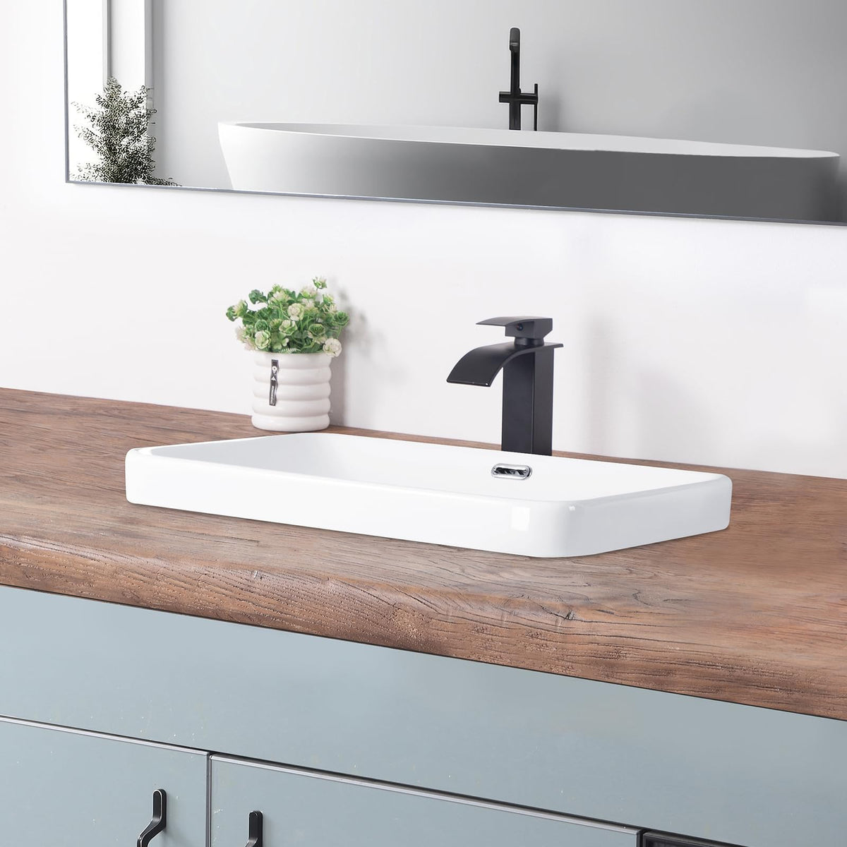 Bathroom Vessel Sink 16.7" X 12.6" Semi Recessed Bathroom Sink Rectangular Drop In Bathroom Sinks with Overflow White Ceramic Vessel Sinks for Bathroom Modern Above Counter Basin Vanity Sink