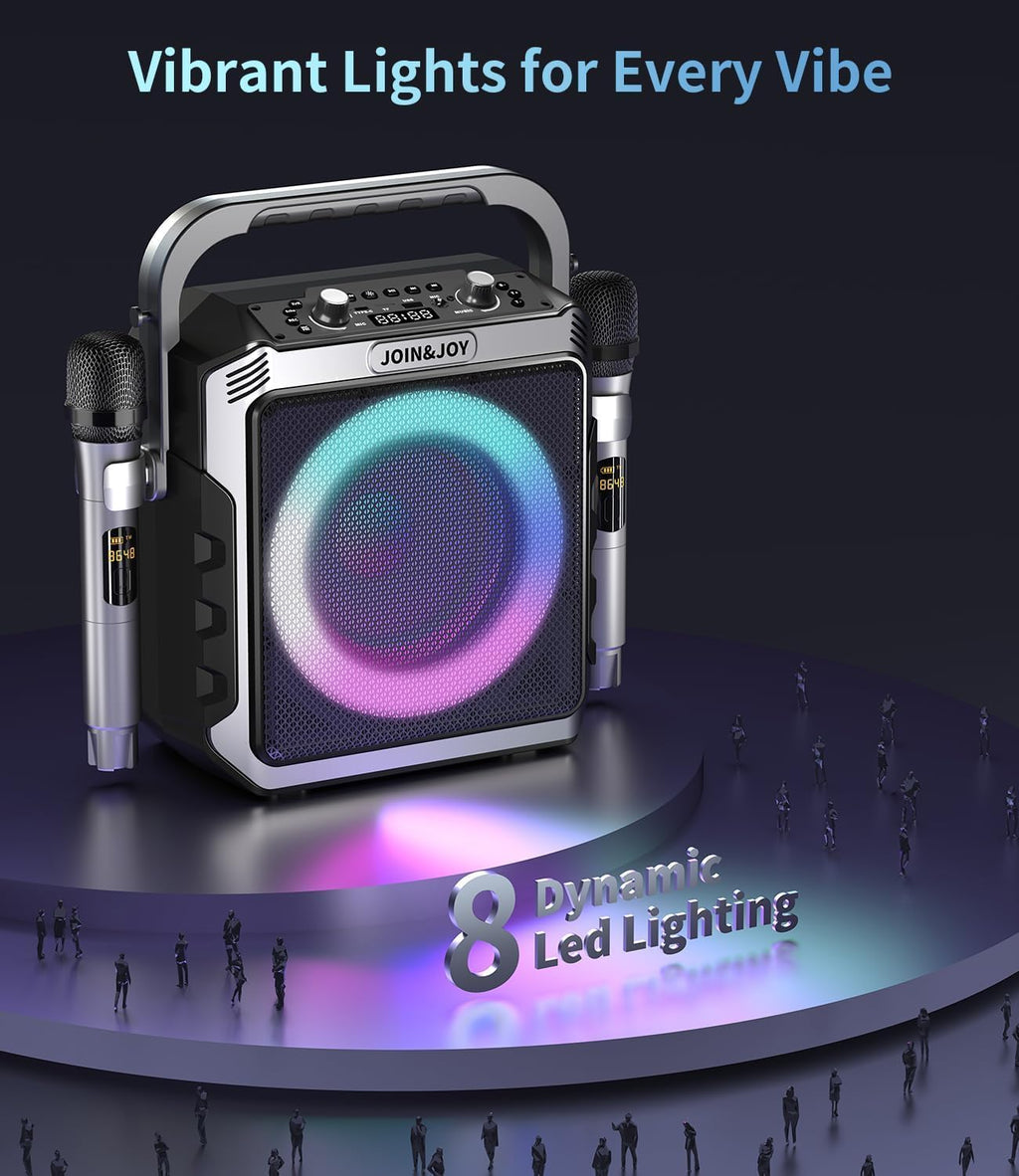 Portable Karaoke Machine, with 2 Wireless Microphones & LED Lights