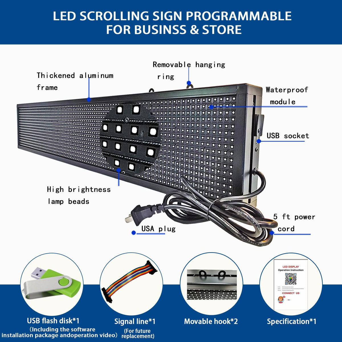 HS Programmable Scrolling Led sign Outdoor Digital Open Neon P10 39''x14''