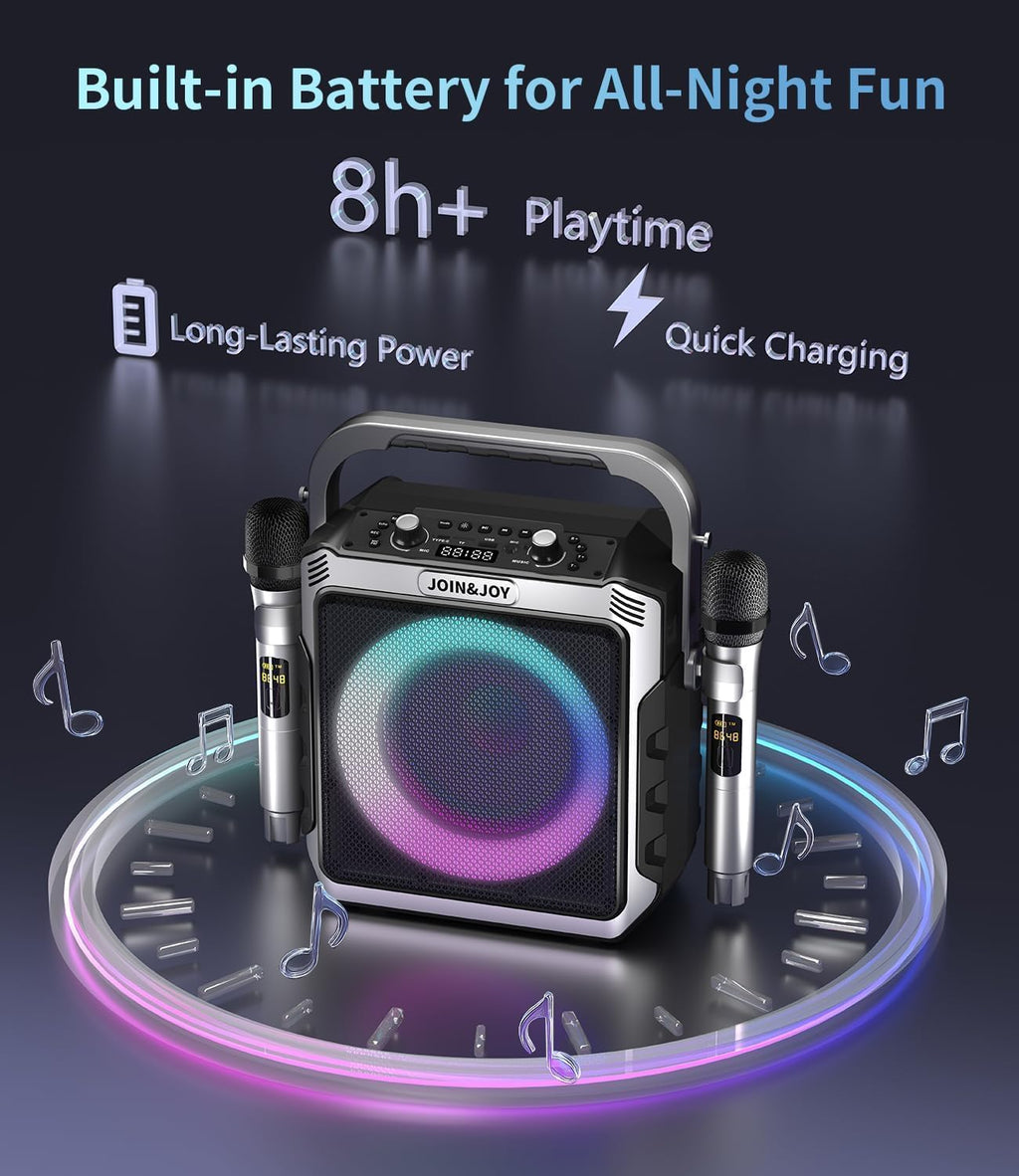 Portable Karaoke Machine, with 2 Wireless Microphones & LED Lights