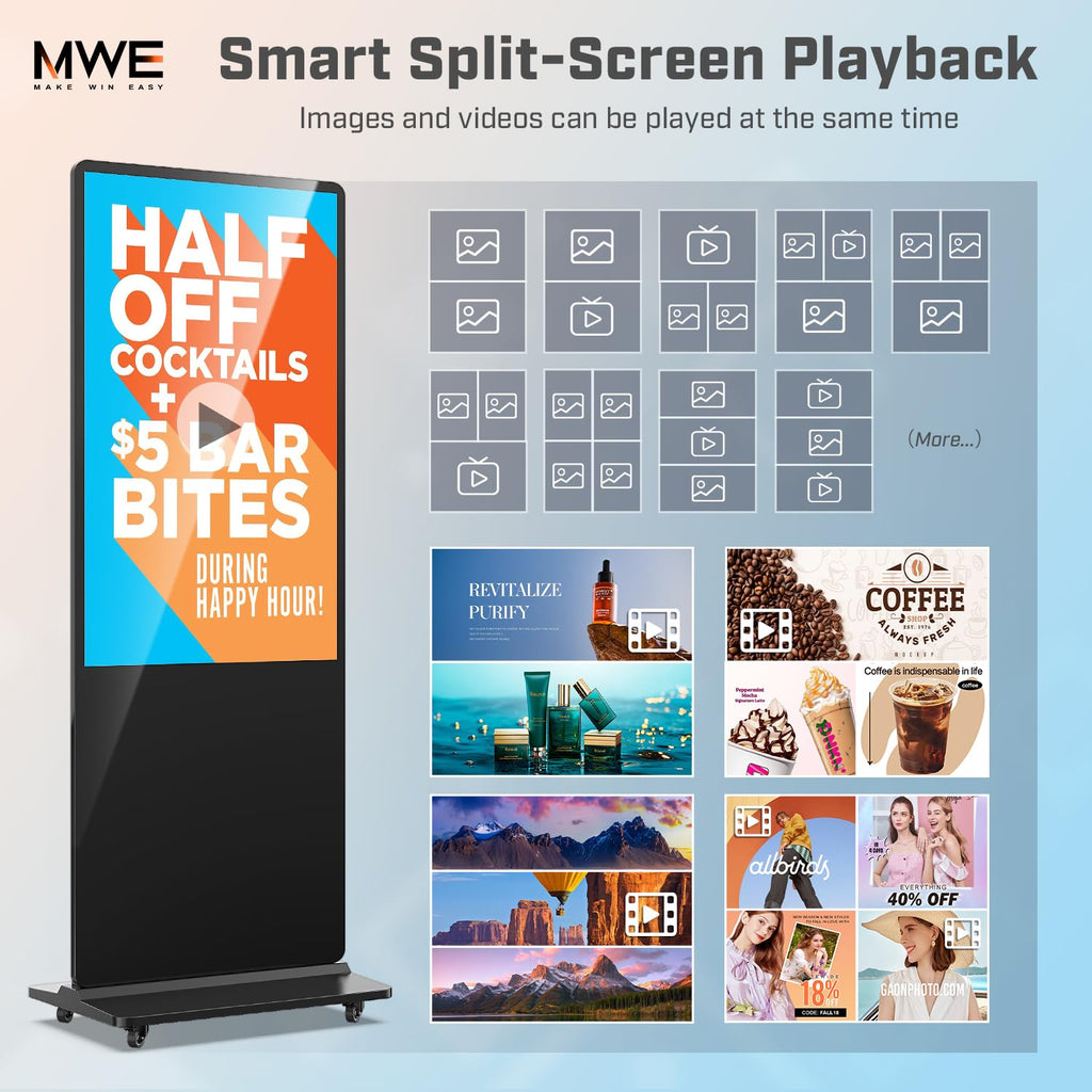 MWE 43 Inch Indoor Floor Standing Digital Signage Advertising Display Kiosk LCD Screen Commercial Totem Android System Vertical Poster with Auto Media Player