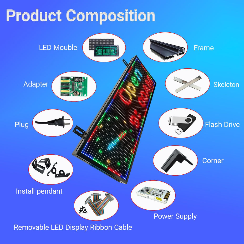 P3 Full Color Programmable LED Sign, IP65 Outdoor, WiFi Control, Support Custom Video, Electronic Message Board for Business, 40''Ã17''