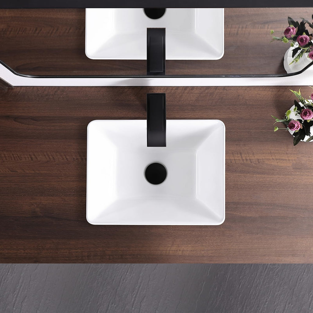 Small Bathroom Vessel Sink 16.7'' x 12.6'' Semi Recessed Bathroom Sink Rectangular Drop-in Vanity Sink with Overflow White Ceramic Modern Art Basin