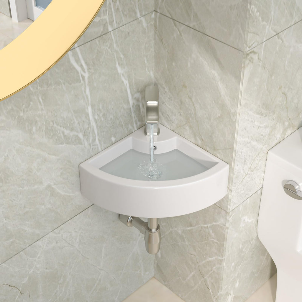 Lordear Wall Mounted Vessel Sink 16x11 Inch, U-Shape White Porcelain Bathroom Sink with Black Faucet and Support Pedestal Legs, Wall Hung Vanity Sink with Towel Rack for Small Bathrooms
