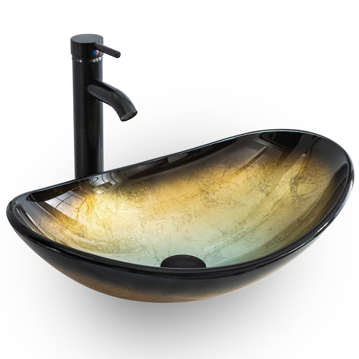 eclife 21.5" Bathroom Vessel Sink Modern Artistic Single Brown Boat Tempered Glass Basin Countertop Bowl Sink for Lavatory Vanity Cabinet, W/Water Save Faucet Pop Up Drain (A29BR)
