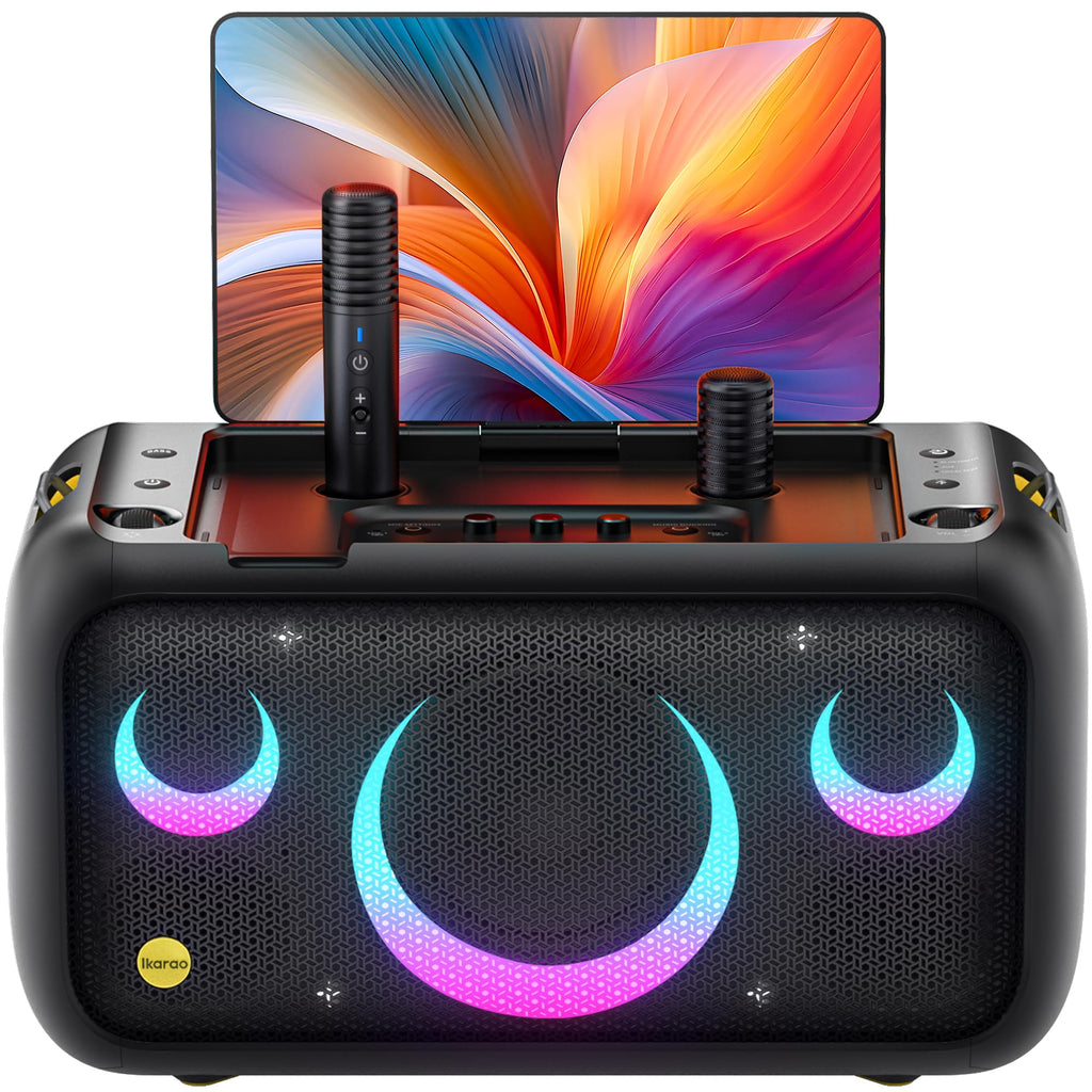 Ikarao Karaoke Machine with Microphone Stand, Portable Bluetooth Speaker for Party, Backyard, Karaoke System with 2 Wireless Microphone for Adults Kids, for Women, Men, Singing Lovers
