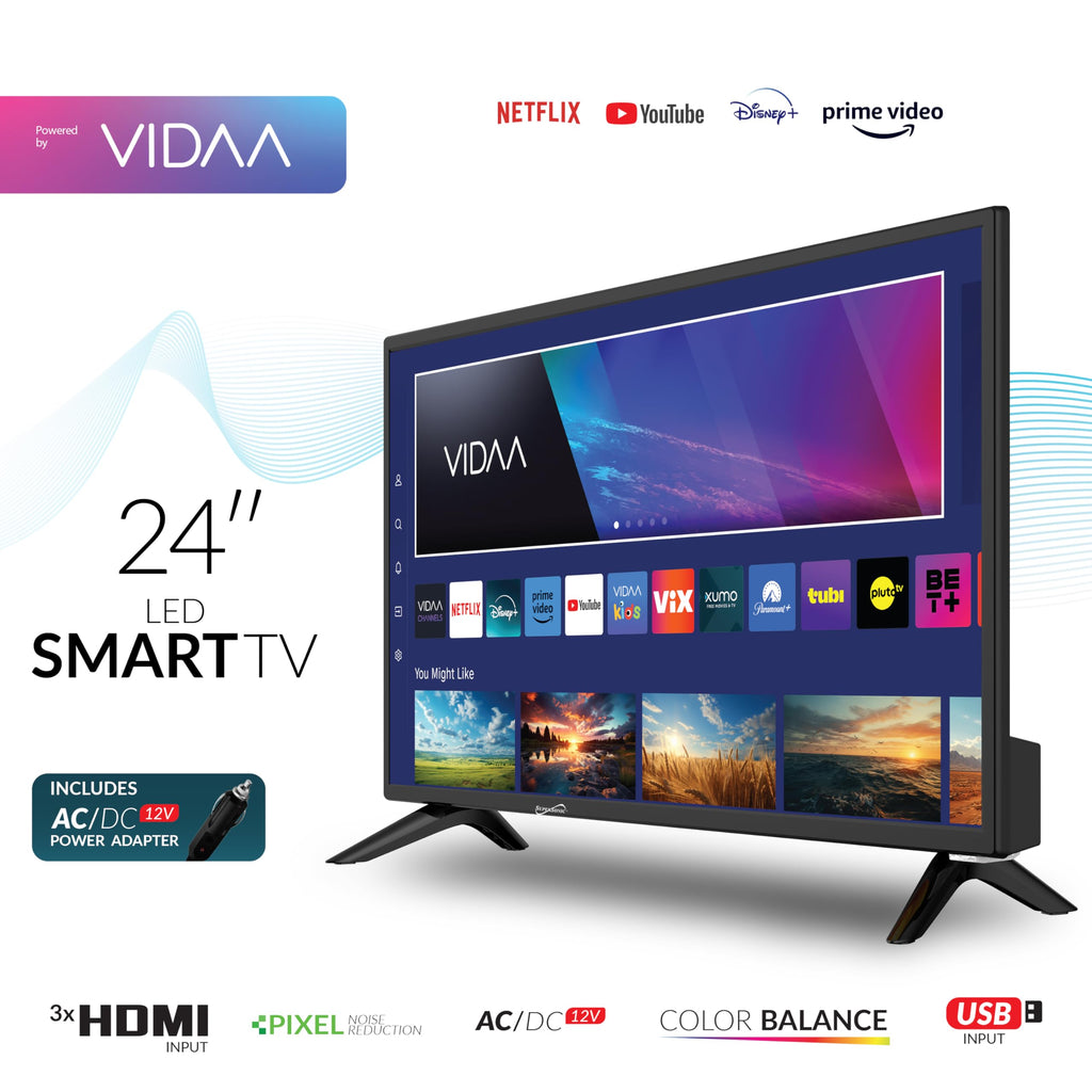 Supersonic SC-1920VTV 18.5inch Smart AC/DC LED TV, Powered by VIDAA, 1080p, WiFi, Built-in Speakers, USB, 3X HDMI ARC, for Kitchen, RV, Boat, Truck, Playroom, Dorm Room, Remote, DC Car Cord Included