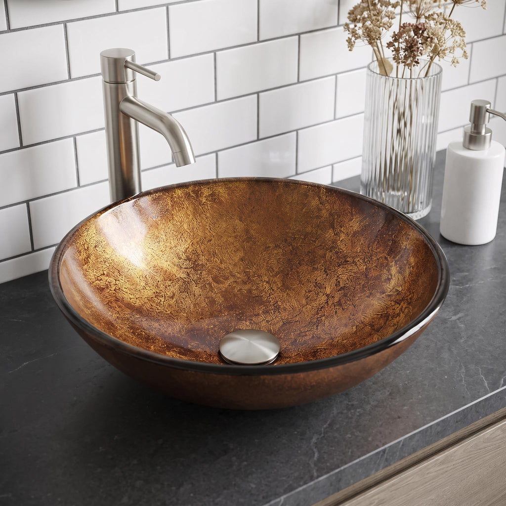 Vigo Vessel Sink Copper - 17â Artistic Round Bowl Sink for Bathrooms, Tempered Glass Above Counter Bathroom Sink with NonStickShield, QuickDrain & TempGuard, Modern Luxury Design