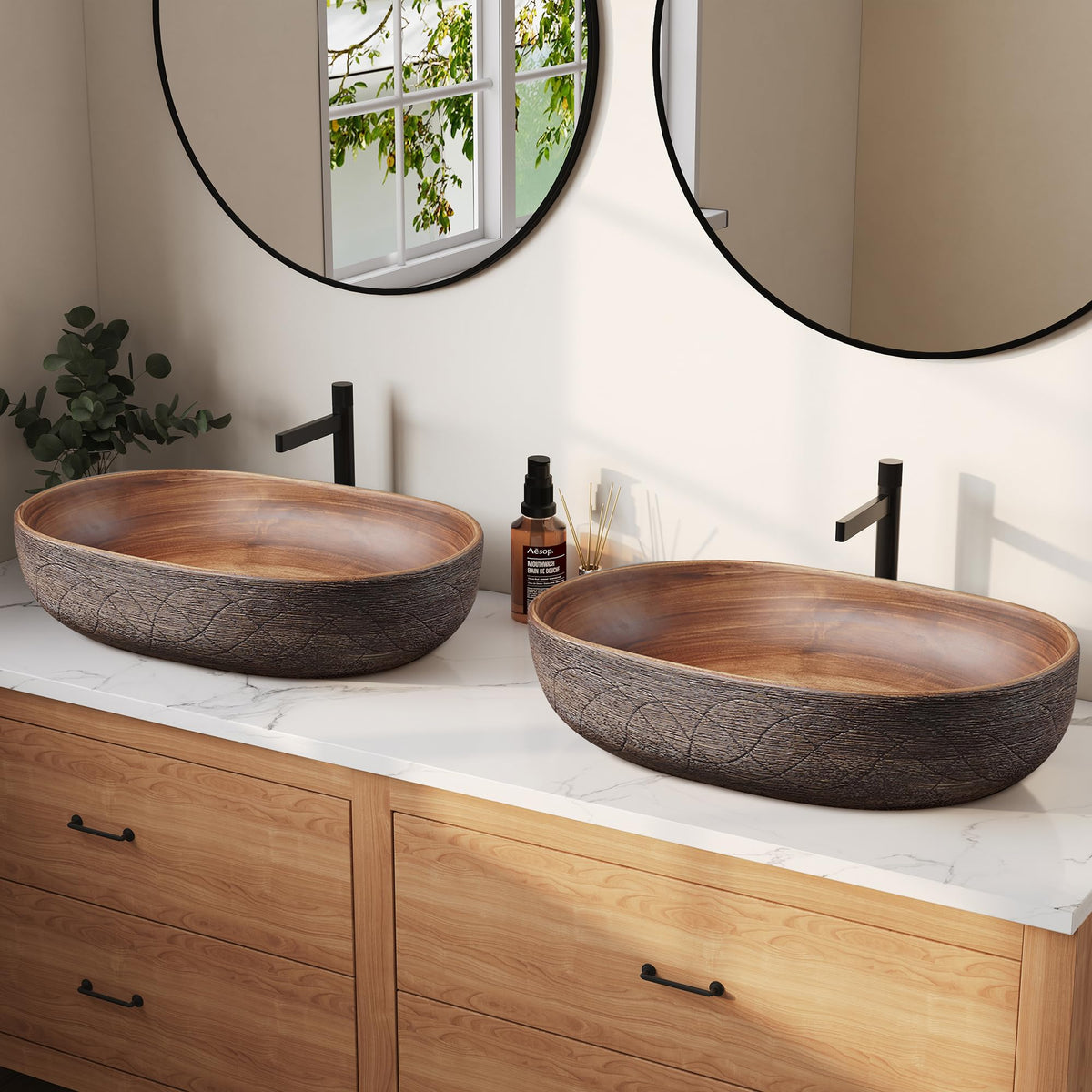 Homary Bathroom Vessel Sink, 23.23" Oval Bowl Sink Retro Ceramic Washbasin Above Counter for Bathroom,Without Pop-up Drain, Retro Brown