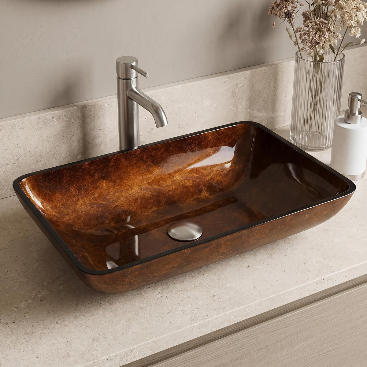 Vigo Vessel Sink Brown - 23â Artistic Rectangular Bathroom Vessel Sink, Tempered Glass Above Counter Sink with NonStickShield & QuickDrain, Modern Luxury Design