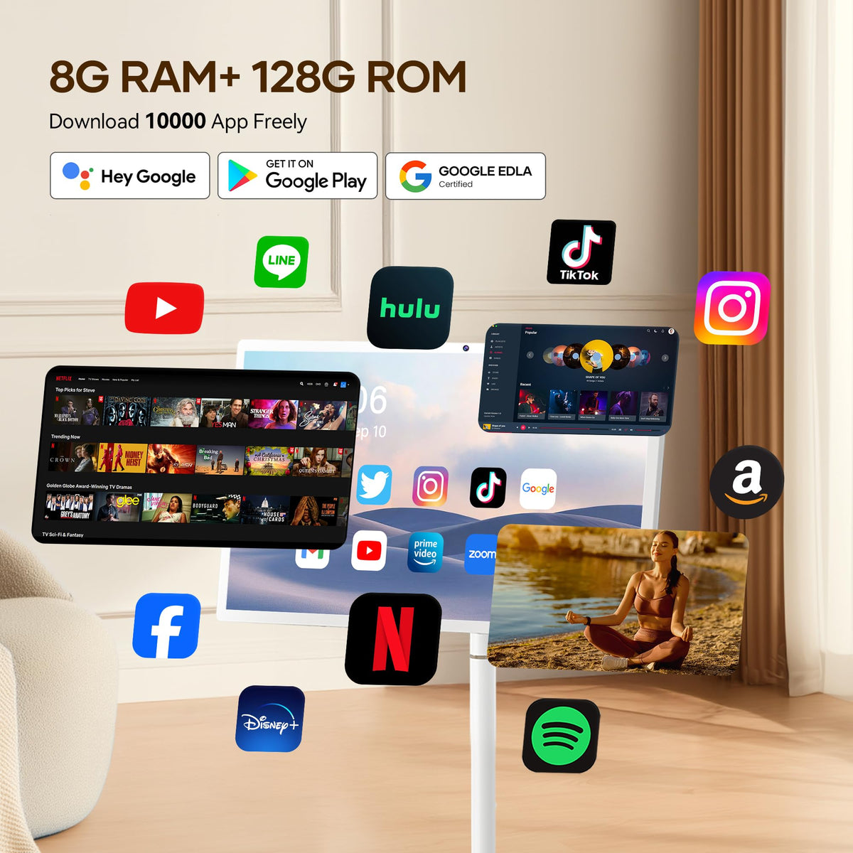 Bisprico 32" Portable Smart TV on Wheels, Qualcomm CPU, EDLA-Certified, Built-in 22000mAh Battery, 16+128GB, Android 14 OS Rolling Tablet TV, Full Swivel Rotation, Remote Control, 13MP Webcam
