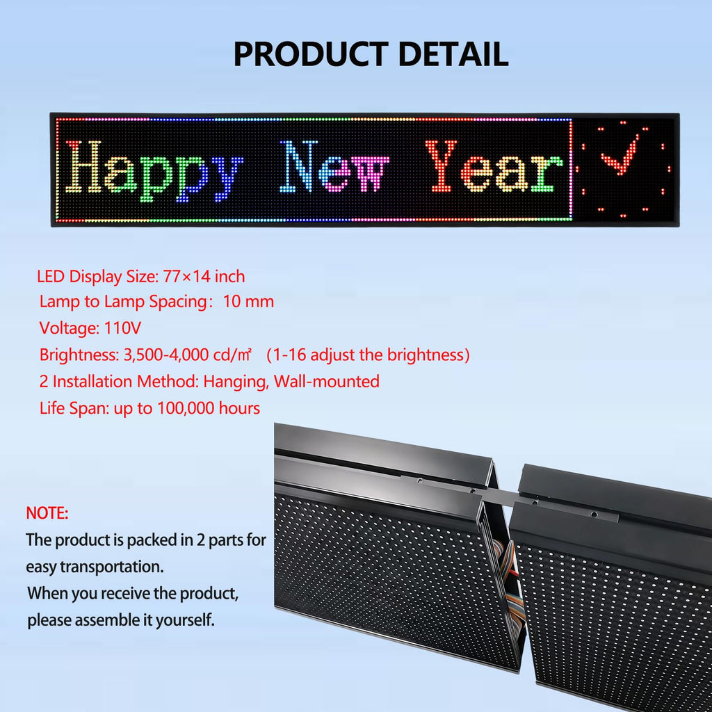 P10 Programmable LED Sign, 40"x14" Scrolling LED Sign for Business, Waterproof LED Display with WIFI & USB Control, 96x32 Pixels SMD Technology Digital Advertising Sign for Shop, Hotel, Store, Restaurant
