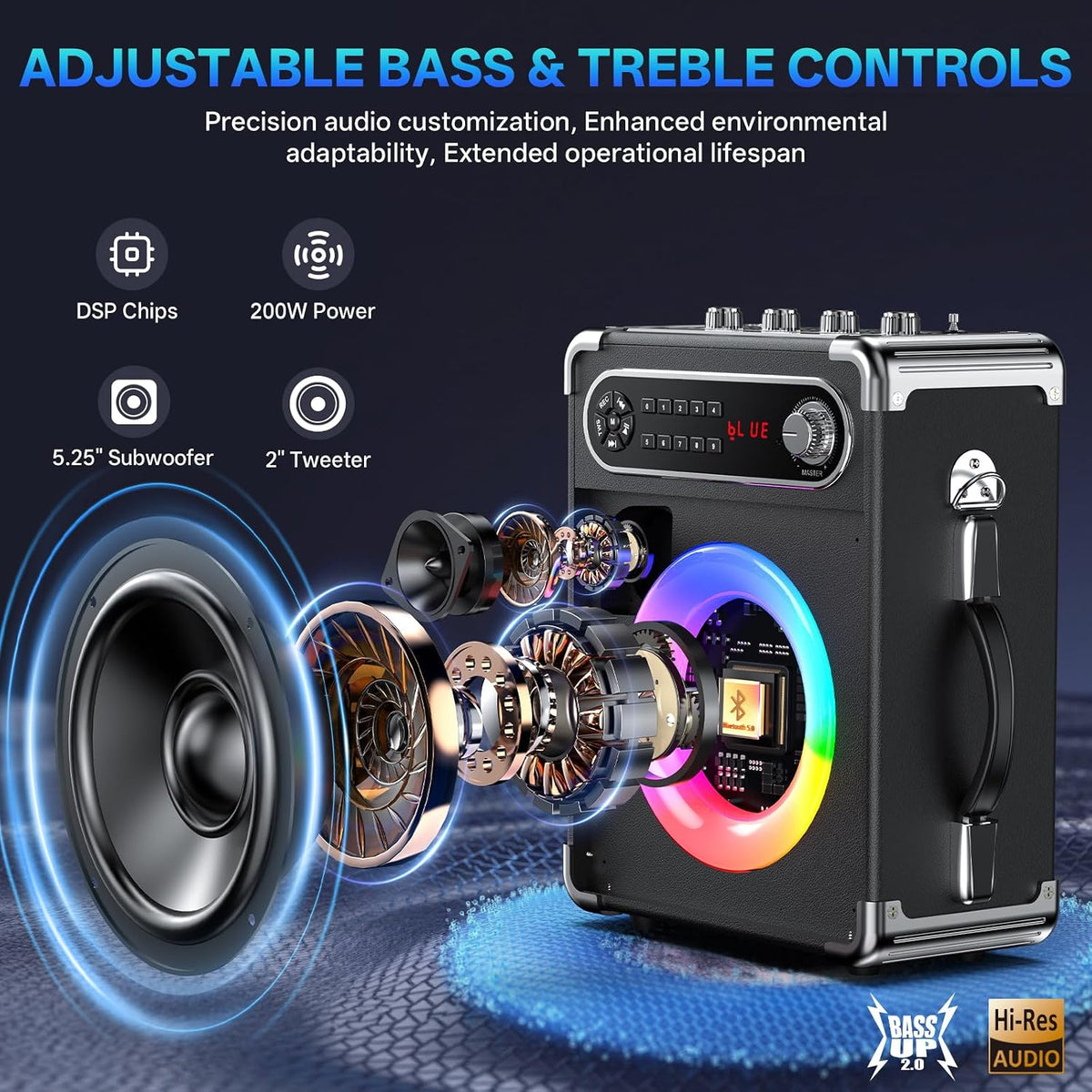 JYX 200W Karaoke Machine with 2 Wireless Microphones, Bass/Treble Control