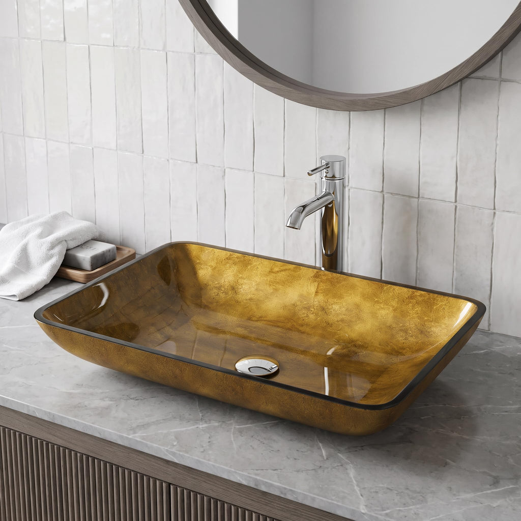 Vigo Vessel Sink Brown - 23â Artistic Rectangular Bathroom Vessel Sink, Tempered Glass Above Counter Sink with NonStickShield & QuickDrain, Modern Luxury Design