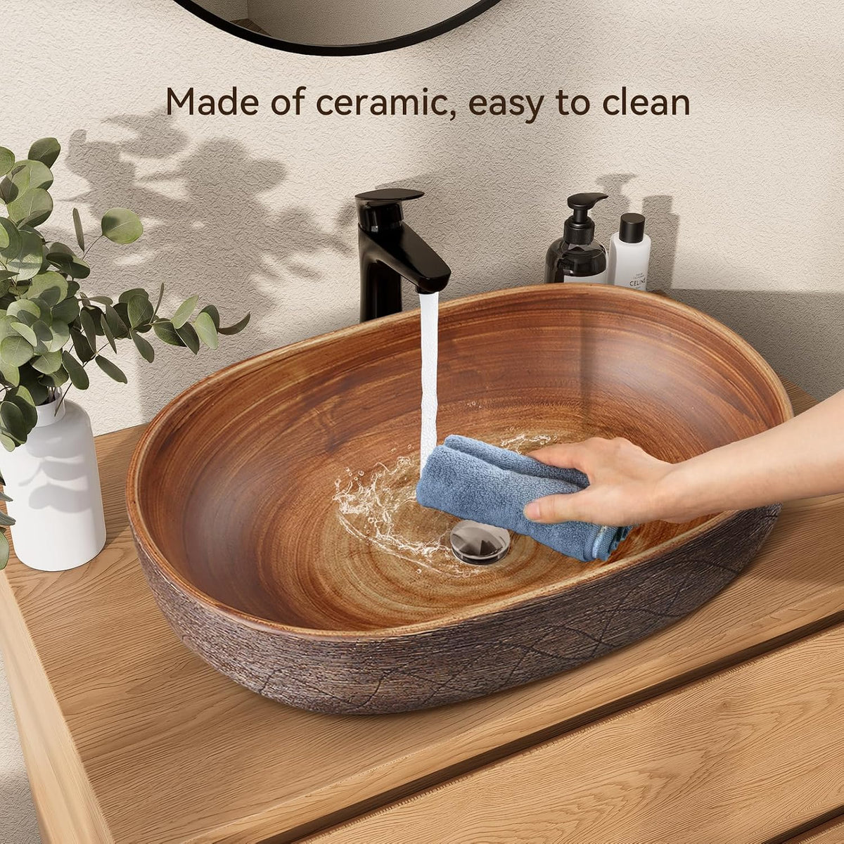 Homary Bathroom Vessel Sink, 23.23" Oval Bowl Sink Retro Ceramic Washbasin Above Counter for Bathroom,Without Pop-up Drain, Retro Brown