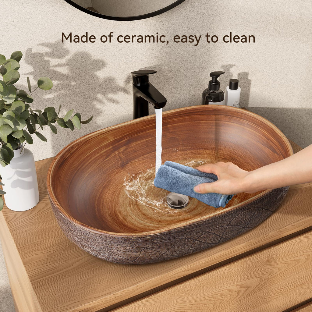 Homary Bathroom Vessel Sink, 23.23" Oval Bowl Sink Retro Ceramic Washbasin Above Counter for Bathroom,Without Pop-up Drain, Retro Brown