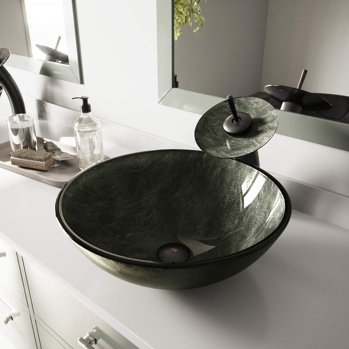 Vigo Vessel Sink Copper - 17â Artistic Round Bowl Sink for Bathrooms, Tempered Glass Above Counter Bathroom Sink with NonStickShield, QuickDrain & TempGuard, Modern Luxury Design