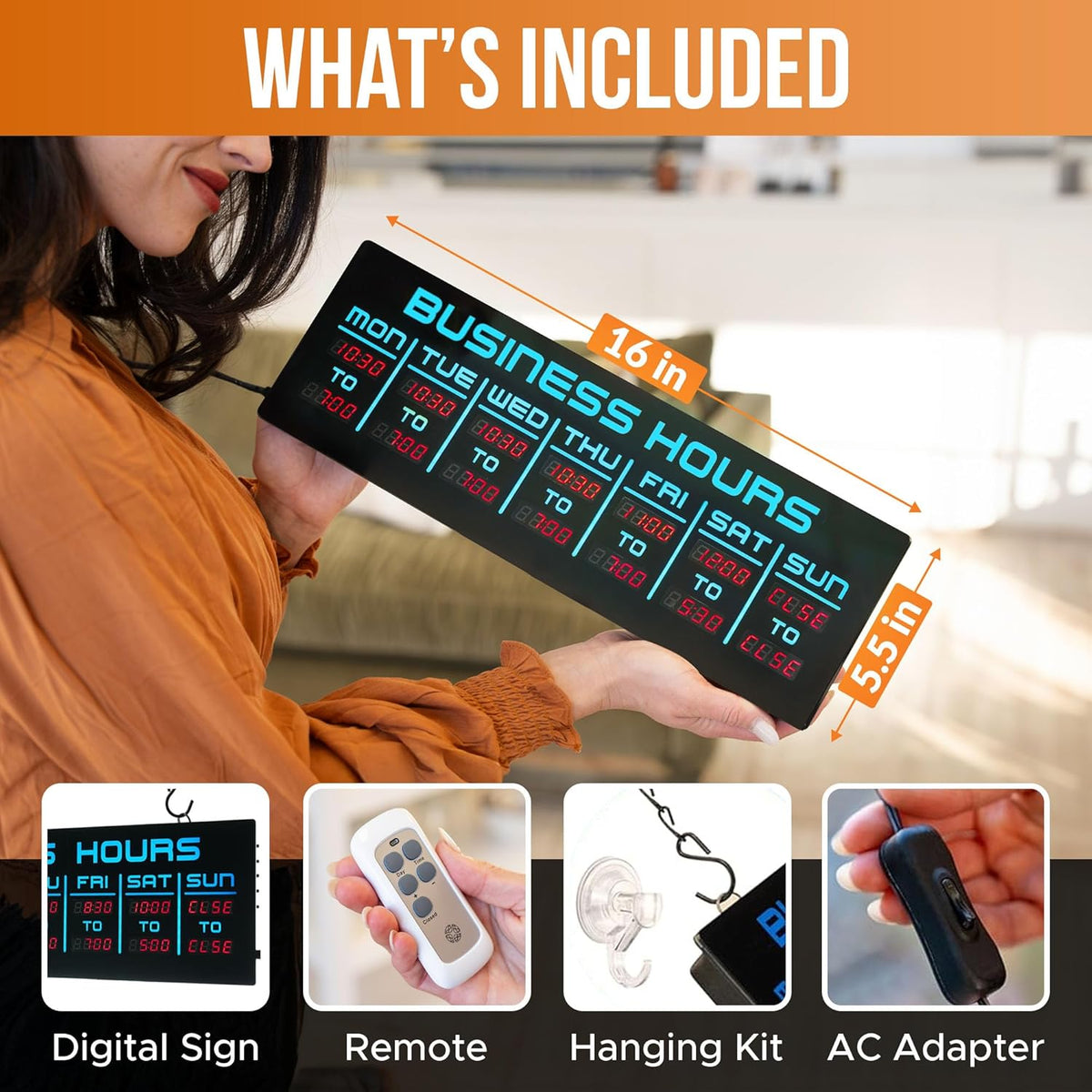 Digital Business Hours Sign by ELEMENT LUX - Electronic Programmable Hours of Operation Signs for Business with Ultra Bright LEDs for Glass Door - Remote and Hanging Kit - 16in x 5.5in, Blue