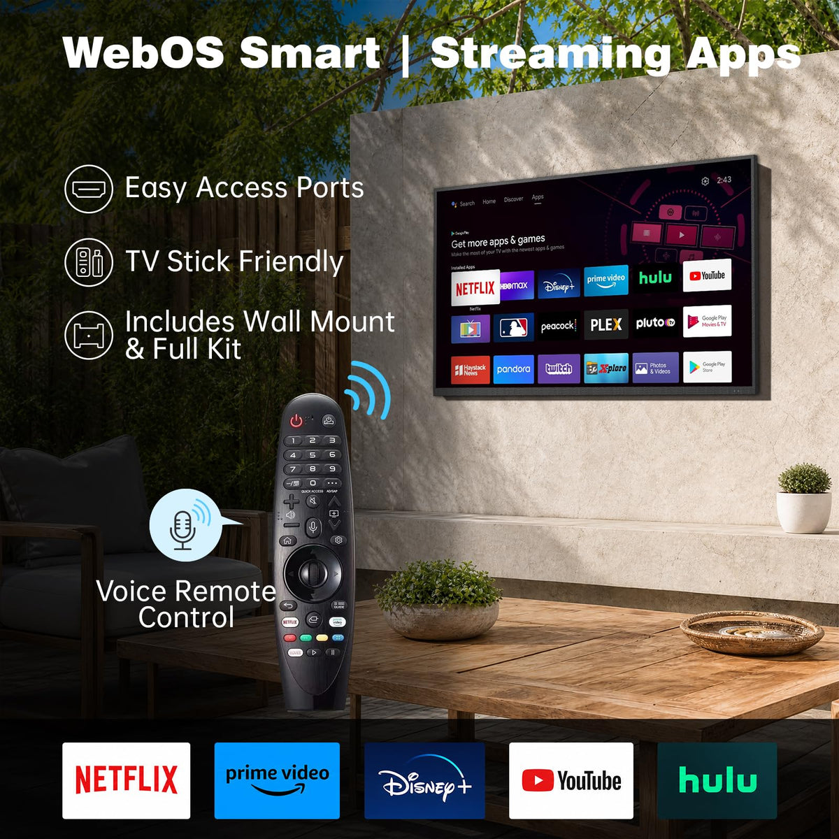 55 Inch Outdoor TV, 2000 Nits 4K UHD IP55 Weatherproof Smart Full Sun TV with webOS 25, Anti-Glare Screen, Surround Audio for Patio, Deck, Backyard and Poolside