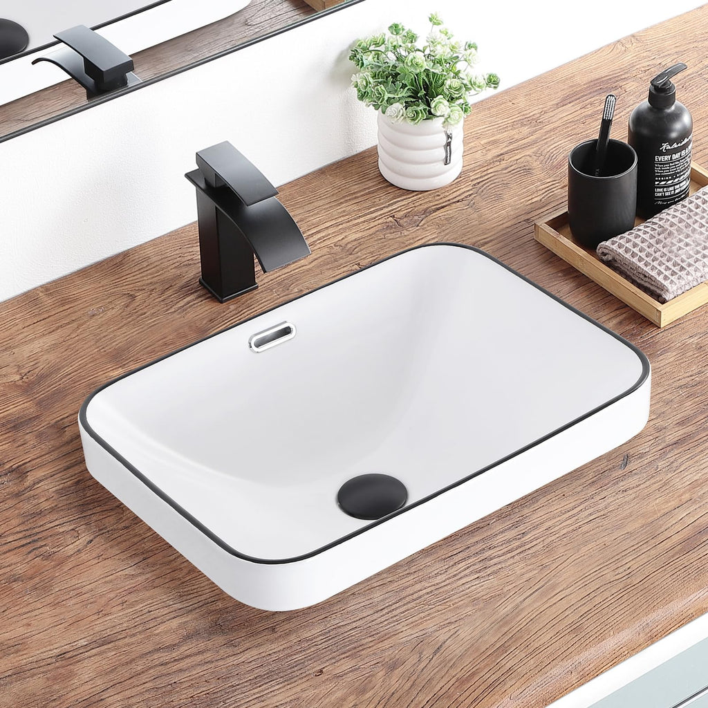 Bathroom Vessel Sink 16.7" X 12.6" Semi Recessed Bathroom Sink Rectangular Drop In Bathroom Sinks with Overflow White Ceramic Vessel Sinks for Bathroom Modern Above Counter Basin Vanity Sink