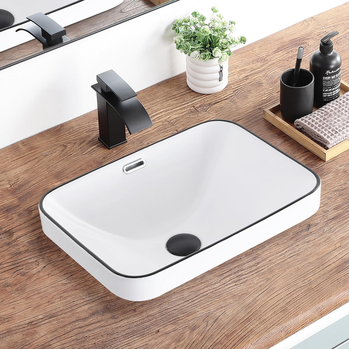 Bathroom Vessel Sink 16.7" X 12.6" Semi Recessed Bathroom Sink Rectangular Drop In Bathroom Sinks with Overflow White Ceramic Vessel Sinks for Bathroom Modern Above Counter Basin Vanity Sink