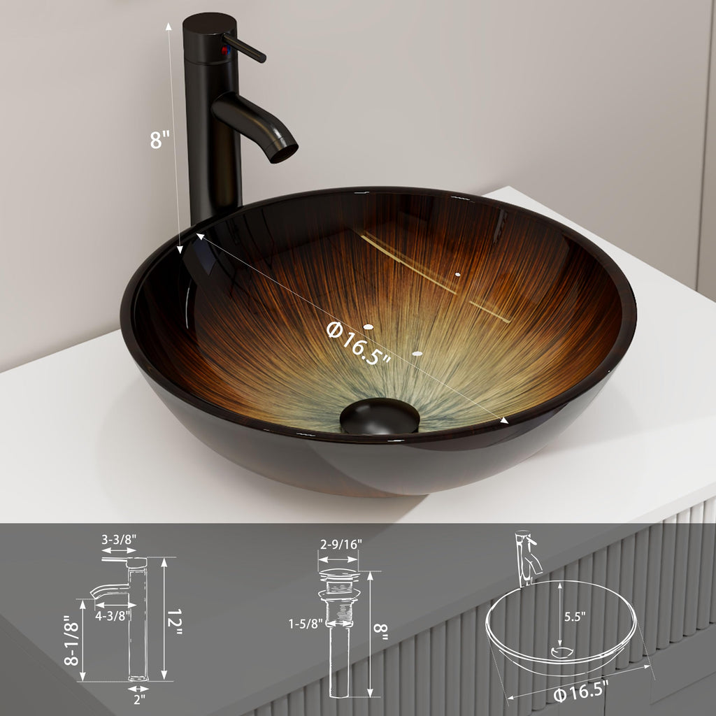 eclife 21.5" Bathroom Vessel Sink Modern Artistic Single Brown Boat Tempered Glass Basin Countertop Bowl Sink for Lavatory Vanity Cabinet, W/Water Save Faucet Pop Up Drain (A29BR)
