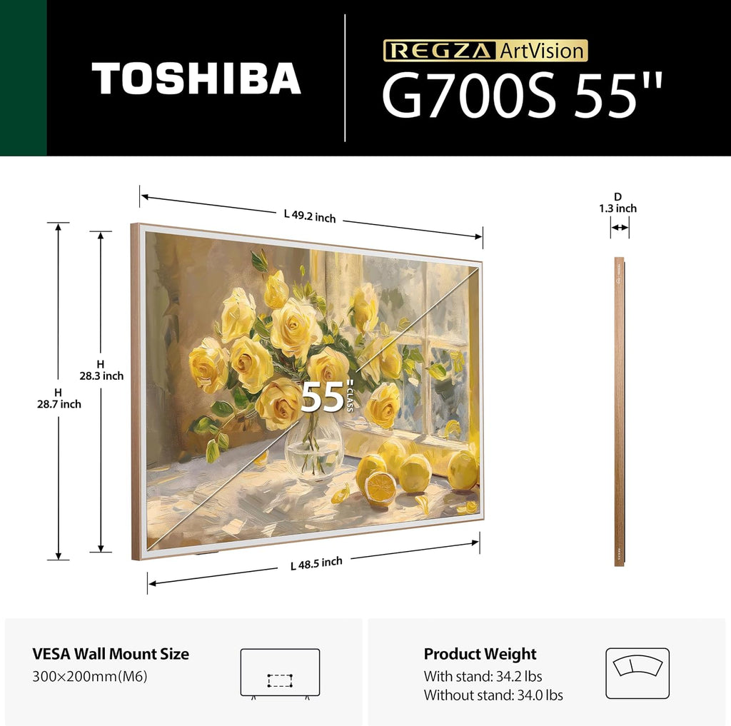 Toshiba 55" G700 Series ArtVision 4K UHD Smart Fire TV (55G700SU, 2026 New) - QLED, Native 165Hz, Art Gallery Mode, Anti-Glare Screen, REGZA Engine ZRi, DTS Virtual:X, Included Art Frame
