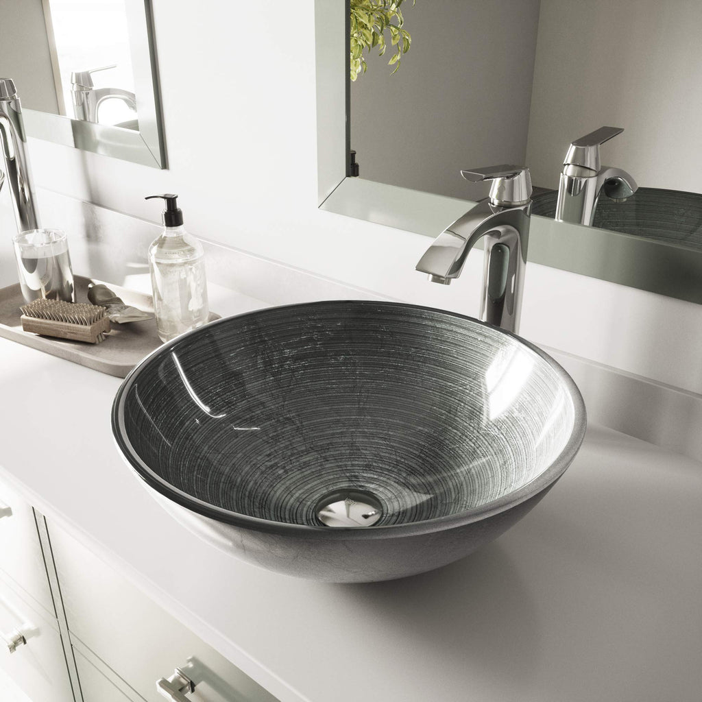 Vigo Vessel Sink Copper - 17â Artistic Round Bowl Sink for Bathrooms, Tempered Glass Above Counter Bathroom Sink with NonStickShield, QuickDrain & TempGuard, Modern Luxury Design