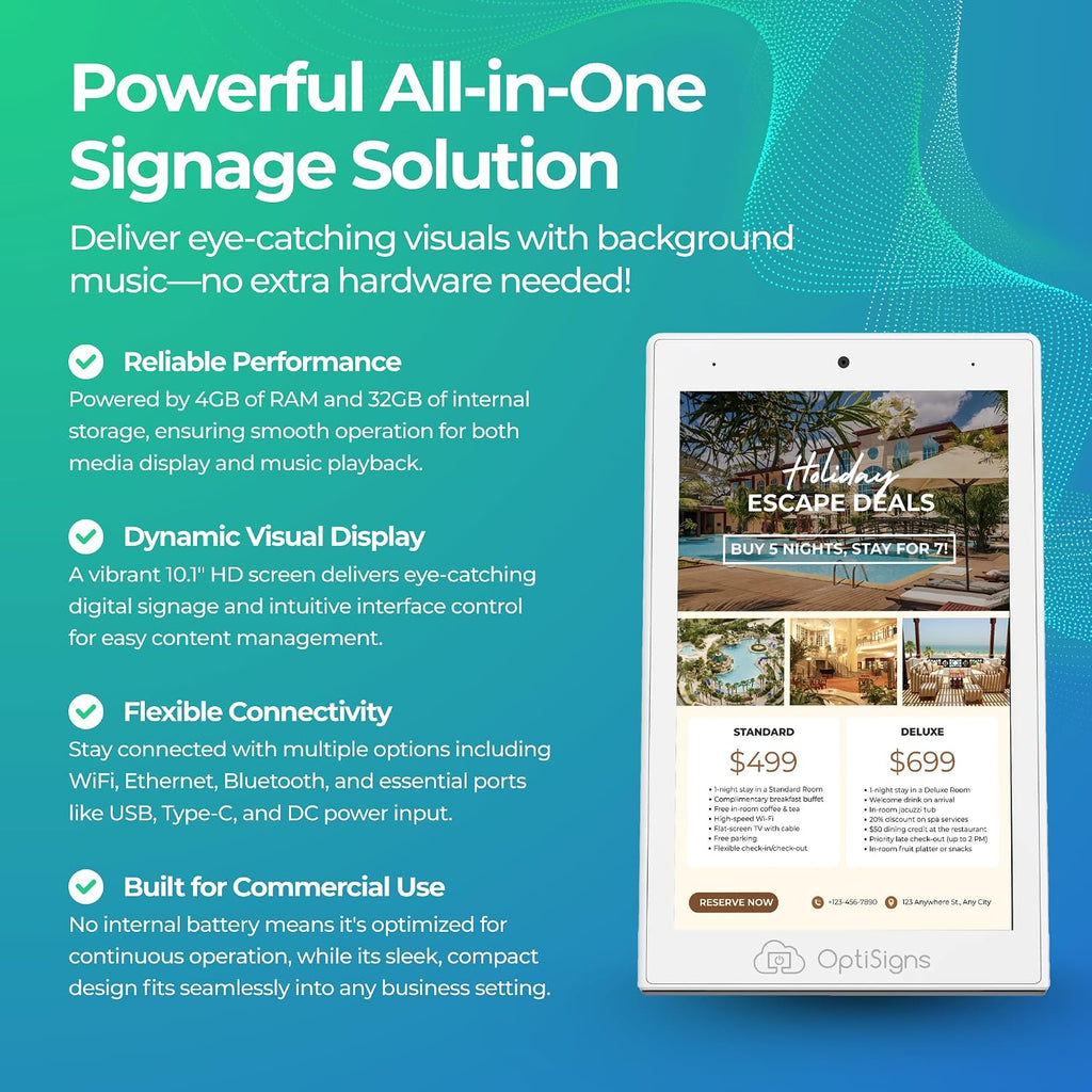 OptiSigns OptiKiosk 10 - Countertop Digital Signage Kiosk, 10.1" HD Touchscreen Display with Wi-Fi, Ethernet & Bluetooth, Software, Optional Background Music