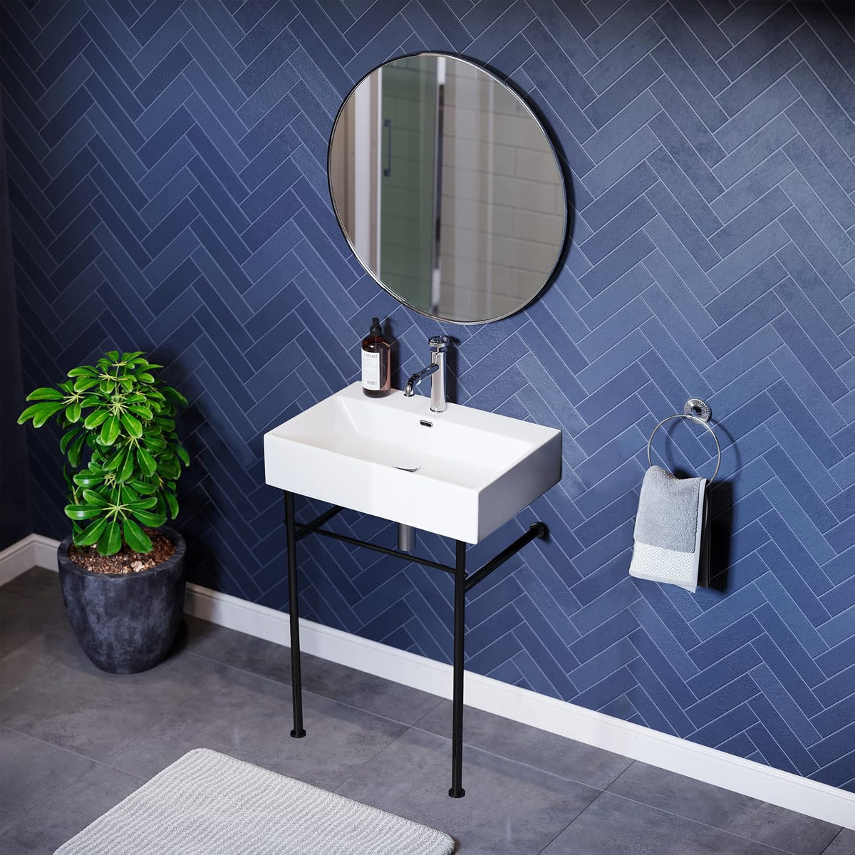 Claire 24" Ceramic Console Sink, White Basin Black Legs, with Overflow Drain
