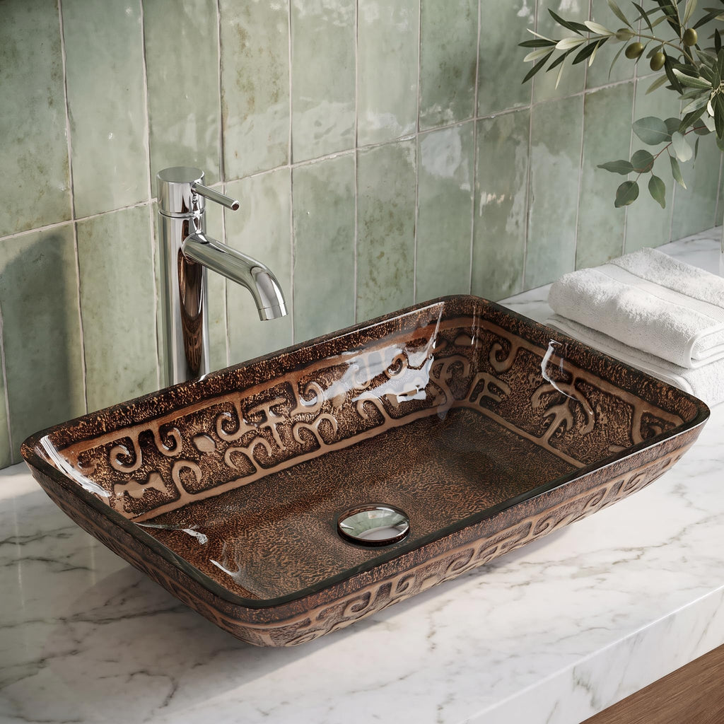 Vigo Vessel Sink Brown - 23â Artistic Rectangular Bathroom Vessel Sink, Tempered Glass Above Counter Sink with NonStickShield & QuickDrain, Modern Luxury Design
