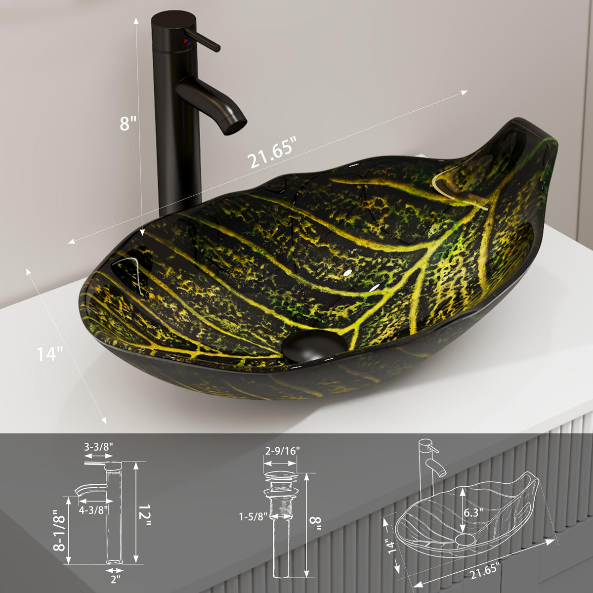 eclife 21.5" Bathroom Vessel Sink Modern Artistic Single Brown Boat Tempered Glass Basin Countertop Bowl Sink for Lavatory Vanity Cabinet, W/Water Save Faucet Pop Up Drain (A29BR)