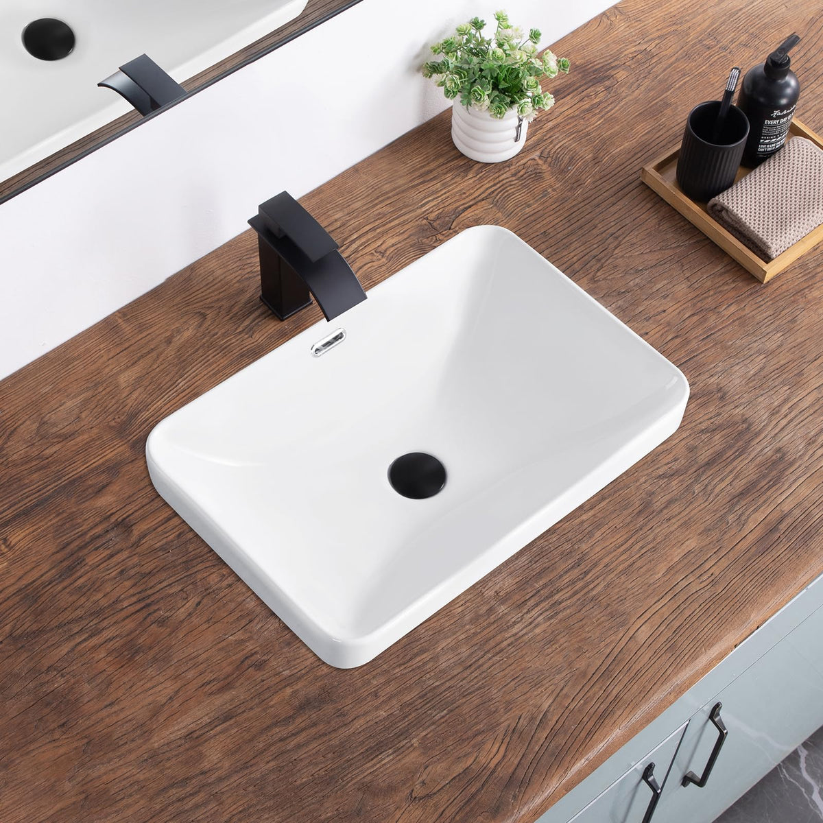 Bathroom Vessel Sink 16.7" X 12.6" Semi Recessed Bathroom Sink Rectangular Drop In Bathroom Sinks with Overflow White Ceramic Vessel Sinks for Bathroom Modern Above Counter Basin Vanity Sink