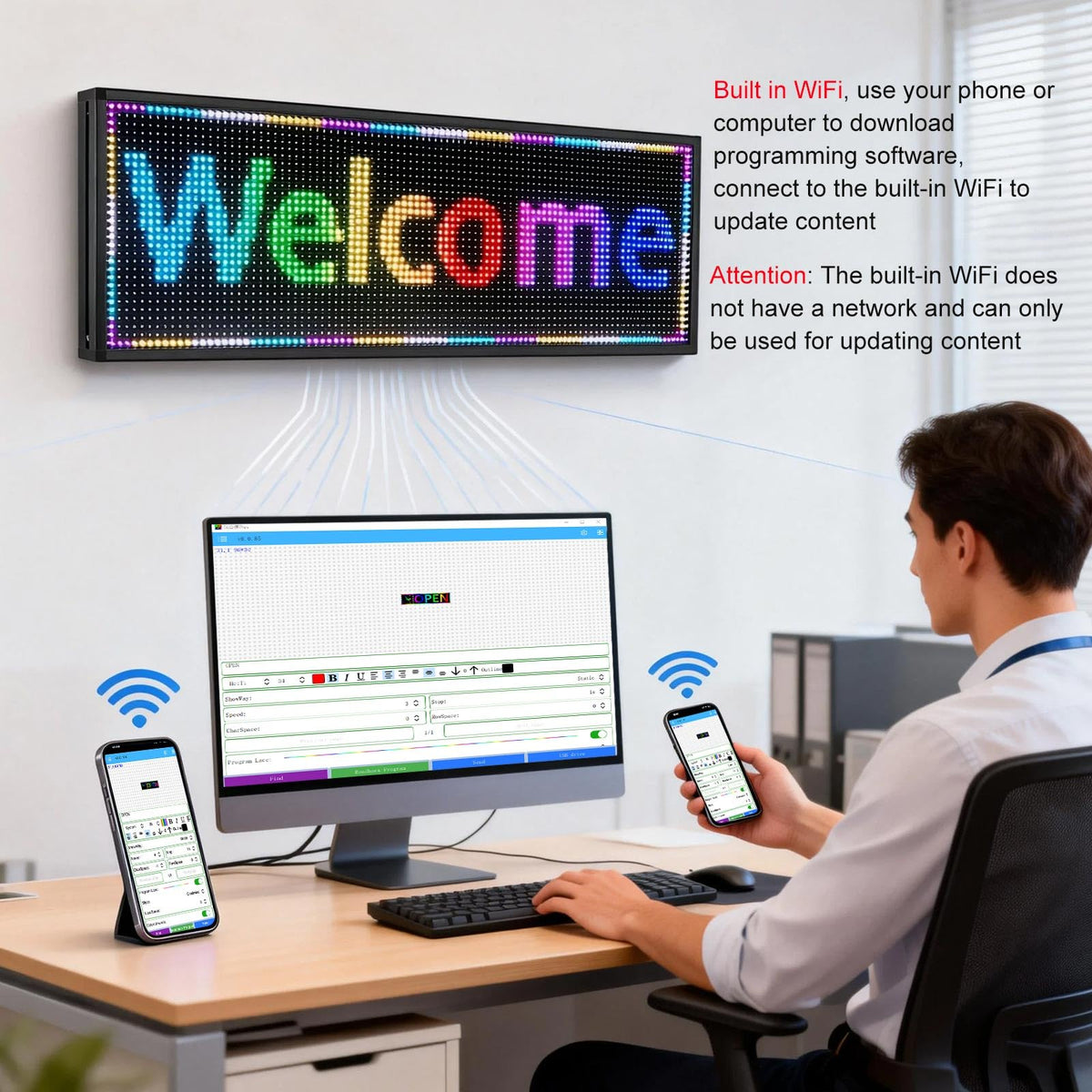 P3 Programmable Scrolling Custom Led Sign Outdoor Digital For Business Display Screen WiFi Control Electronic Message Board Store Advertising Ticker Word Light Bar Open Pixel Panel 40"x18'