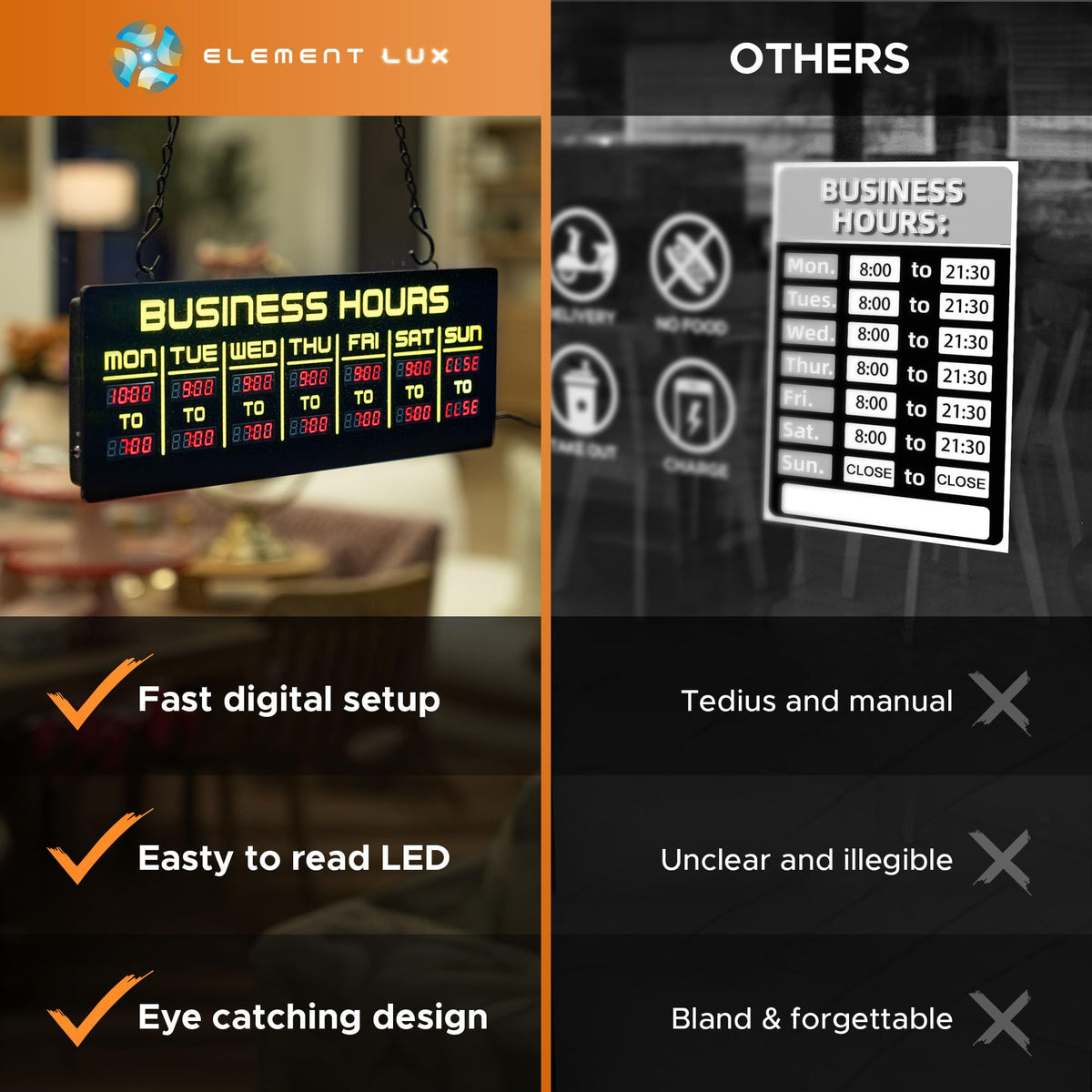 Digital Business Hours Sign by ELEMENT LUX - Electronic Programmable Hours of Operation Signs for Business with Ultra Bright LEDs for Glass Door - Remote and Hanging Kit - 16in x 5.5in, Blue