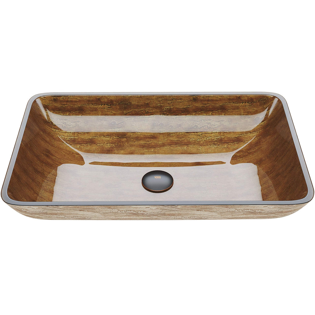 Vigo Vessel Sink Brown - 23â Artistic Rectangular Bathroom Vessel Sink, Tempered Glass Above Counter Sink with NonStickShield & QuickDrain, Modern Luxury Design