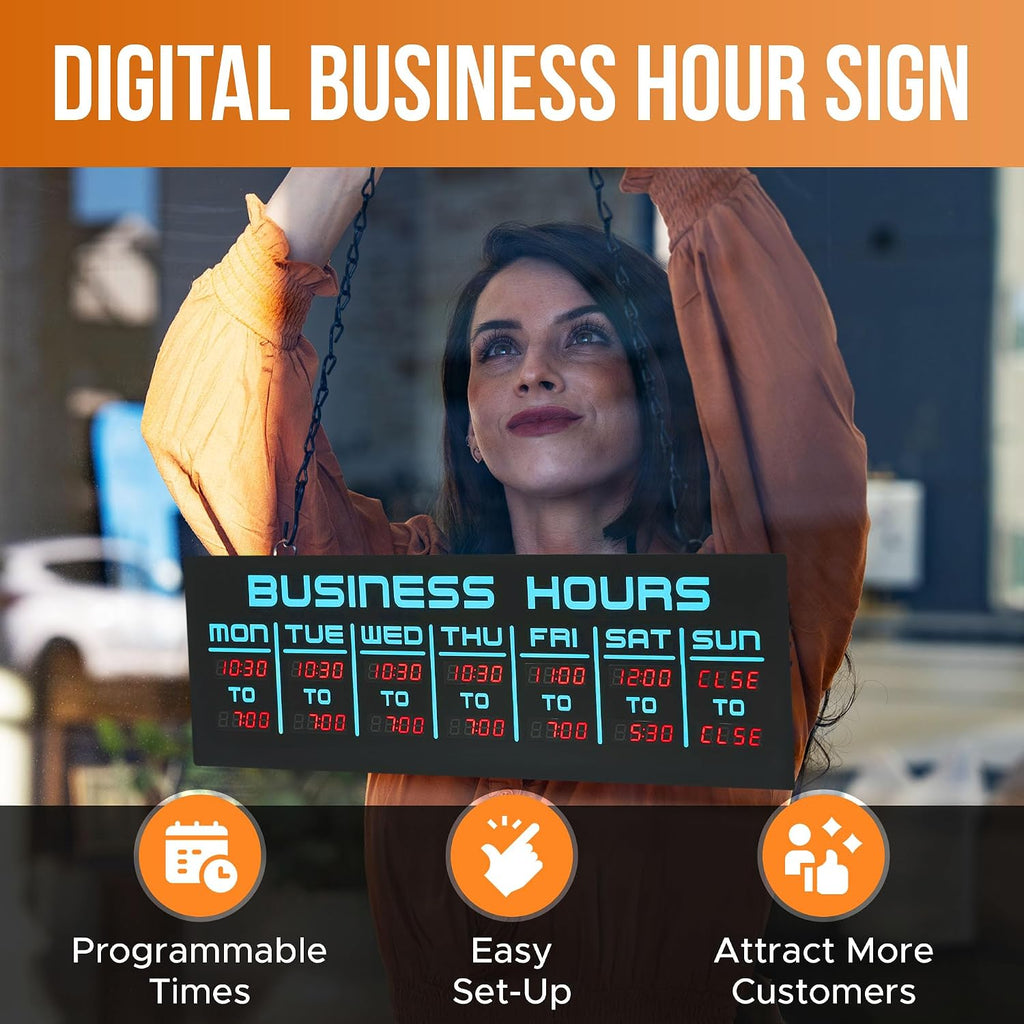 Digital Business Hours Sign by ELEMENT LUX - Electronic Programmable Hours of Operation Signs for Business with Ultra Bright LEDs for Glass Door - Remote and Hanging Kit - 16in x 5.5in, Blue