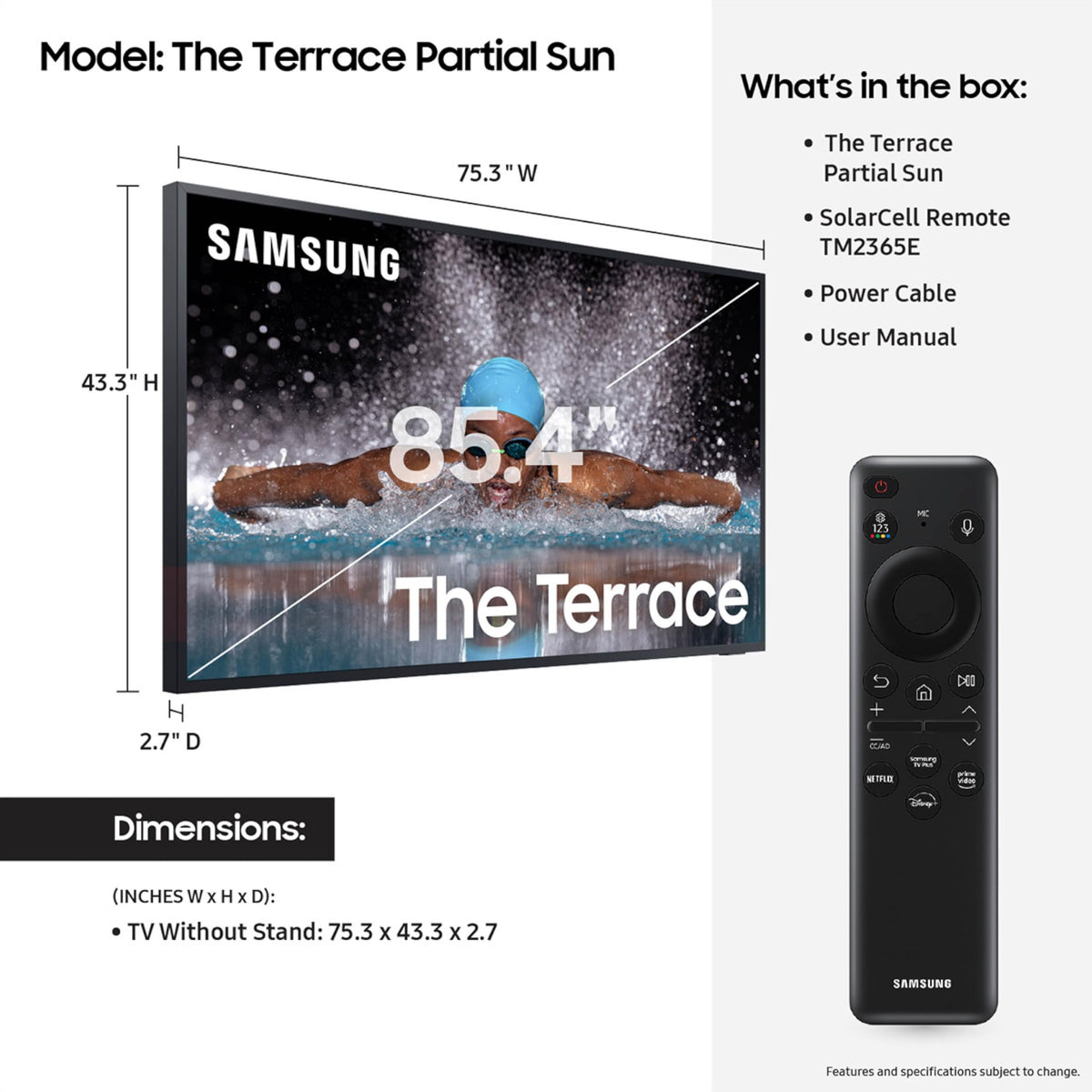 SAMSUNG 75-Inch Class QLED 4K The Terrace Full Sun Outdoor, Direct Full Array 16x, Weather Resistant, Wide Viewing Angle, Anti-Glare Smart TV w/ Alexa Built-In (QN75LST9TAFXZA, Latest Model)