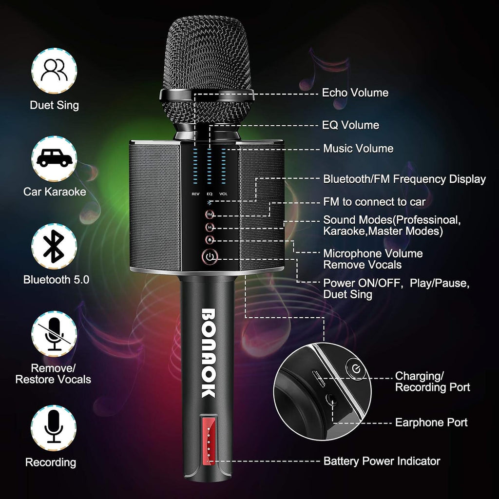 BONAOK Karaoke Microphone, Portable Wireless Bluetooth Karaoke Mic for Adults&Kids Car Home Outdoor Party, Karaoke Machine for PC/All Smartphone G50 Black 2025