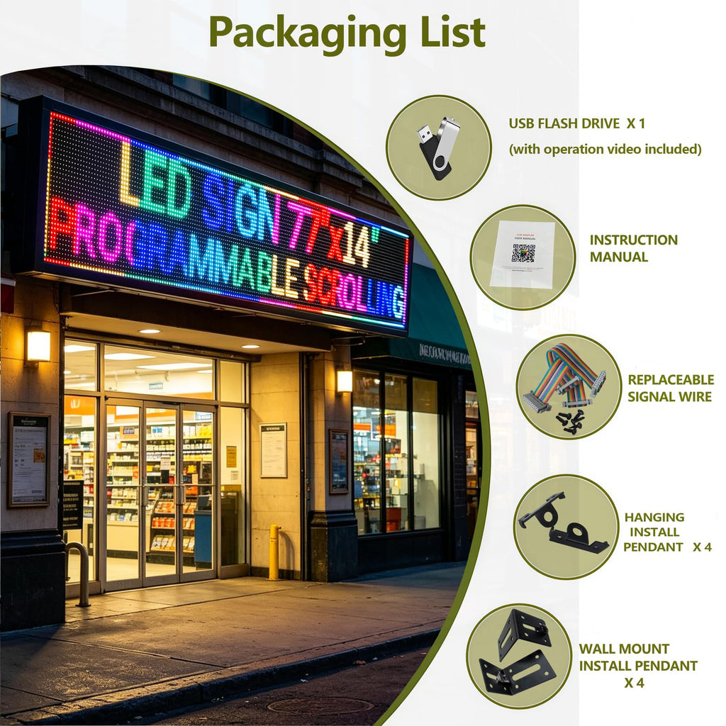 P3 Programmable LED Sign 40"x17" Full Color Outdoor Digital Message Board WiFi Control, IP65 Waterproof, 5000cd Brightness, Scrolling Text/Image/Video Display for Business Store Restaurant Advertising