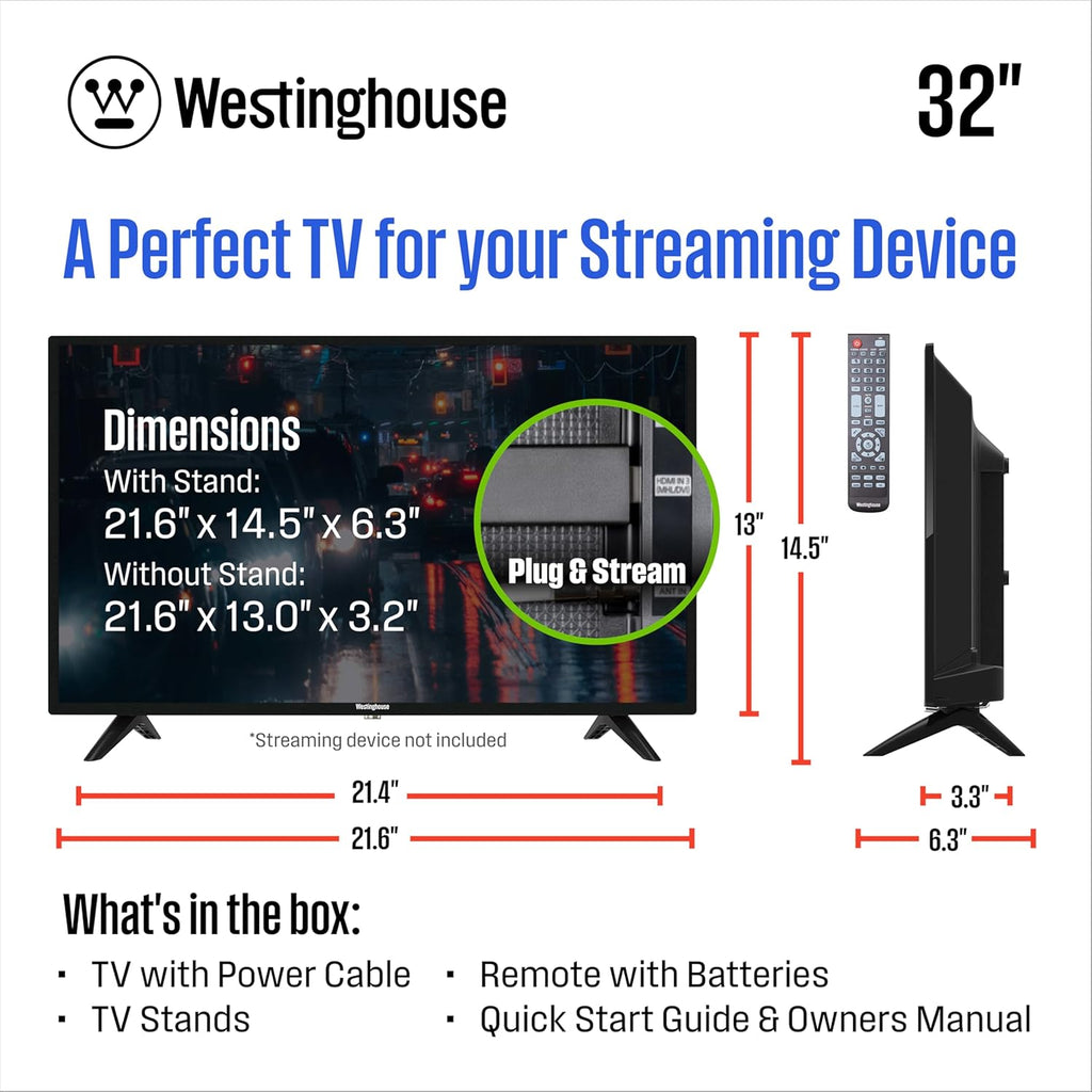 Westinghouse 32 Inch TV, HD LED Small Flat Screen Non-Smart Television, Works with Fire Stick, Roku, Apple TV, TiVo, Xumo, and Streaming Devices (2026 Model)