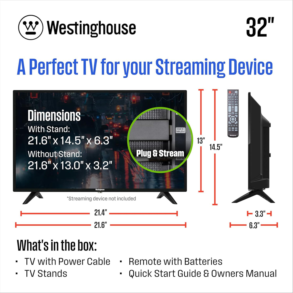 Westinghouse 32 Inch TV, HD LED Small Flat Screen Non-Smart Television, Works with Fire Stick, Roku, Apple TV, TiVo, Xumo, and Streaming Devices (2026 Model)