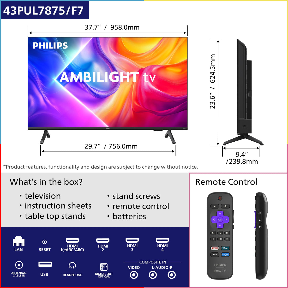 PHILIPS 50 Inch 4K QLED Roku TV, 7985 Series with Ambilight, UHD 2160p, HDR