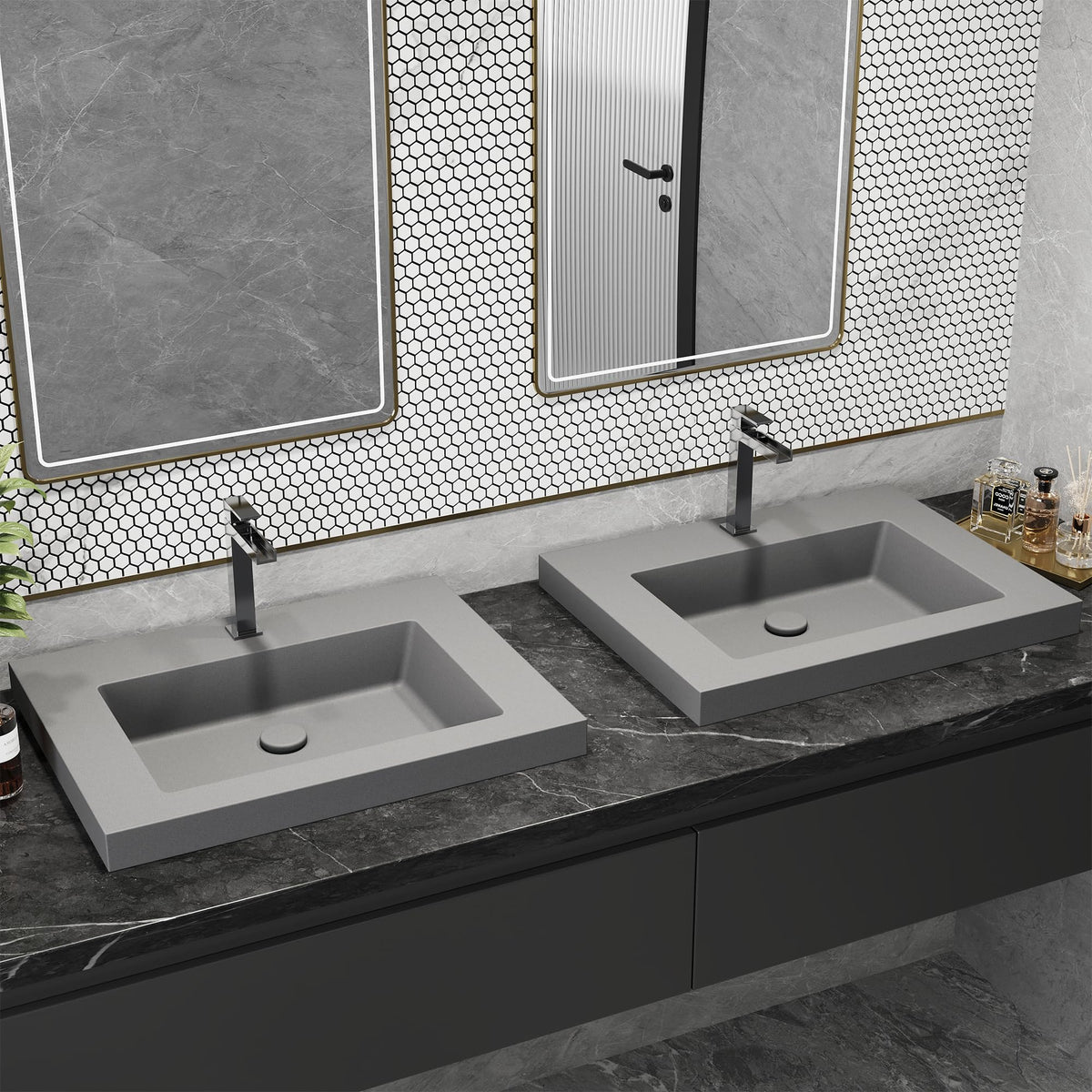 Semi Recessed Bathroom Sink, 23.4 Inch Rectangular Bathroom Vessel Sink, Drop-In Countertop Basin with Single Faucet Hole, Center Drain Assembly for Modern Vanity Cabinet, Gray