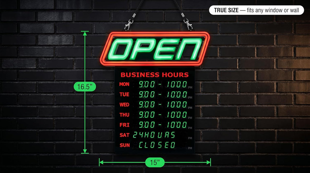 LED Open Sign for Business with Programmable Business Hours â Green Light Innovations Bluetooth App, 4,000+ Color Combos, Flash/Scroll/Neon Modes, 100,000-Hr LEDs, 3-Year Warranty, 15Ã16.5 in