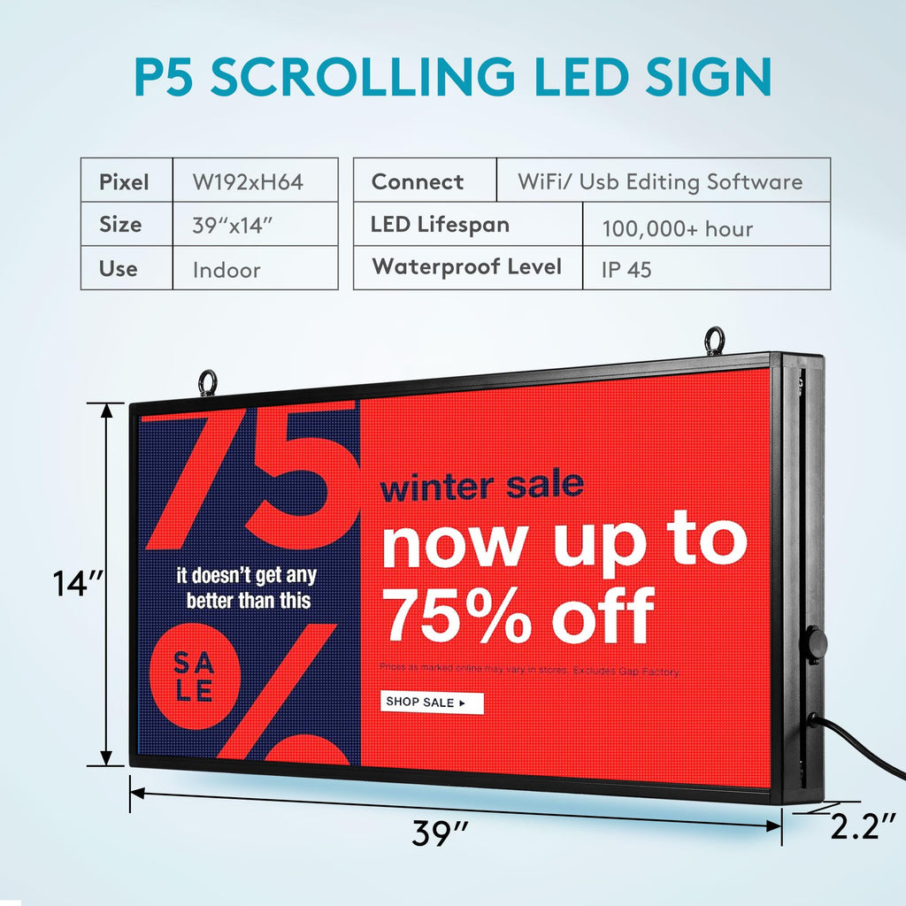 P5 Programmable LED Signs 65"x34" IP65 Waterproof Outdoor Digital Display with WiFi & USB Control, Full-Color 320Ã160 SMD Scrolling Text/Image/Video Advertising Board for Business
